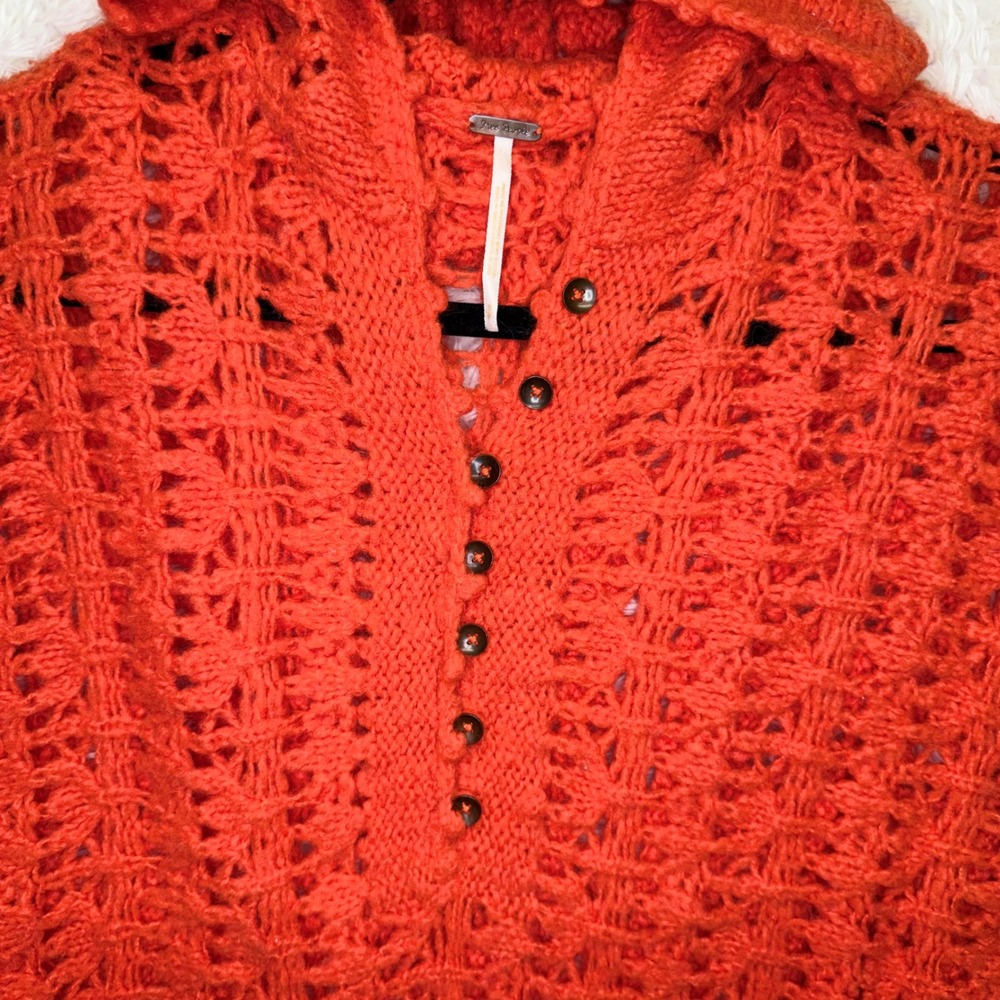 Free‎ People Orange Open Knit Hooded Sweater Wool Blend Henley Button Size Small - Picture 3 of 9